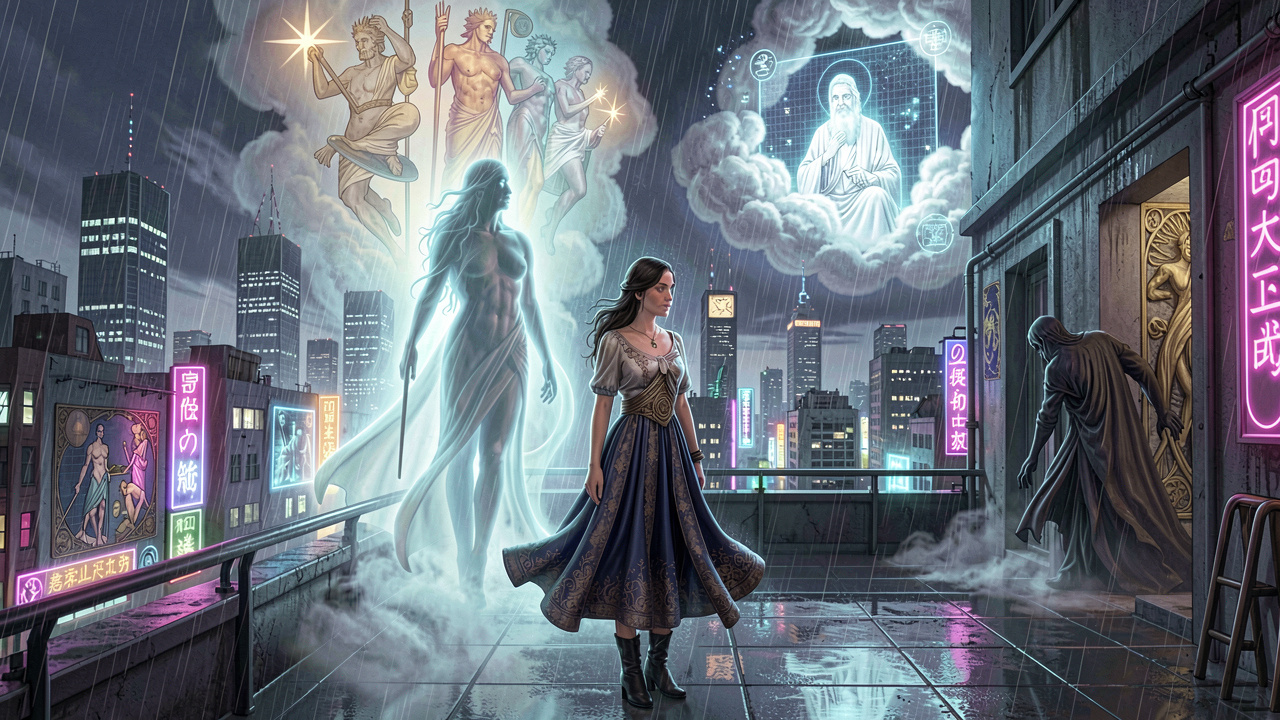 Ethereal woman on city rooftop encountering Jungian archetypes in modern dreamscape
