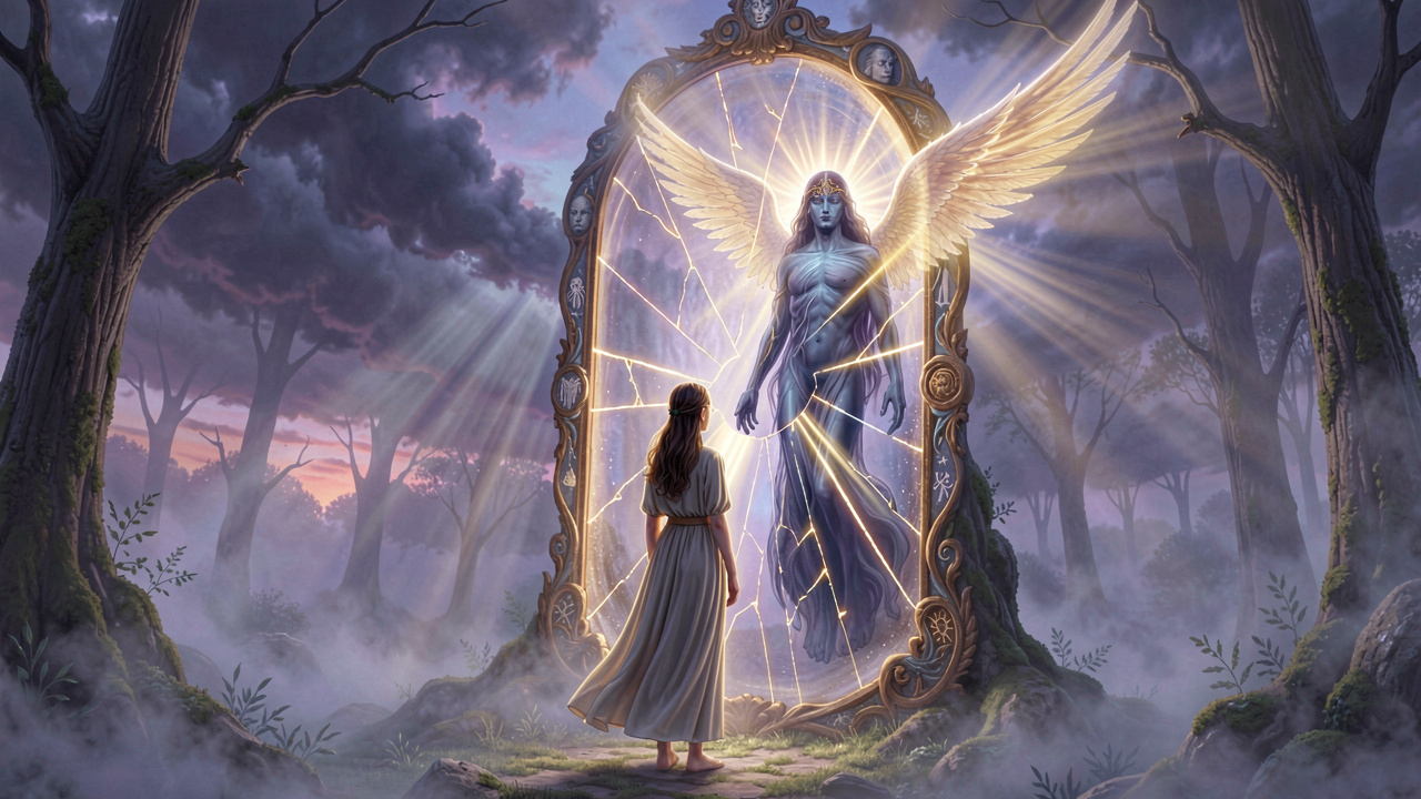 Ethereal cinematic art of a woman conquering nightmares through self-reflection in a dream mirror