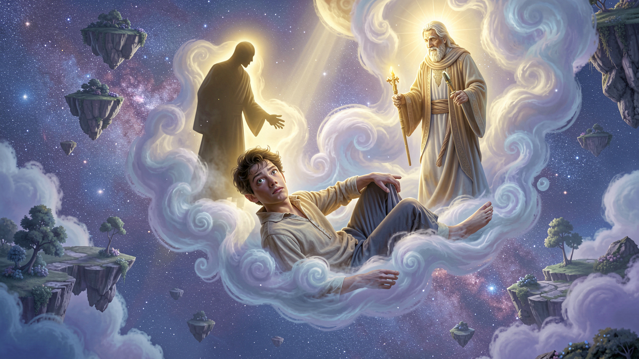 Ethereal illustration of a beginner experiencing lucid dreaming techniques in a cosmic dream world with Jungian archetypes.