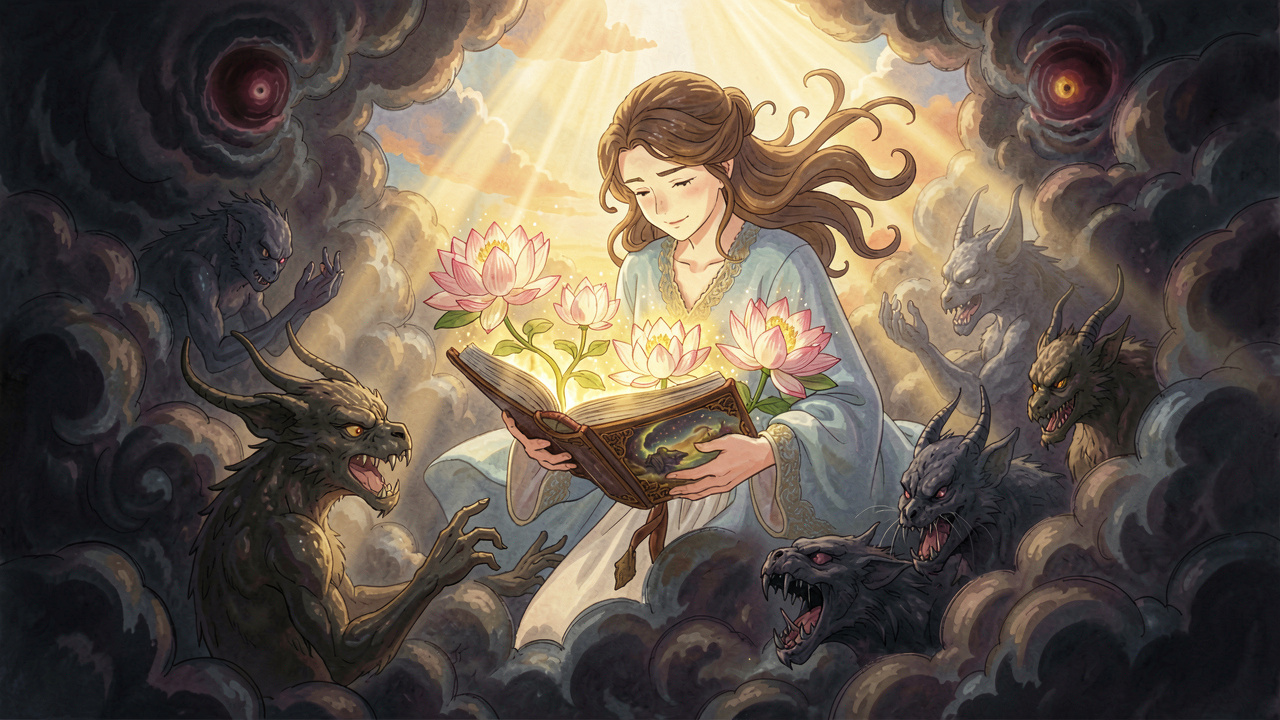 Ethereal art of self-reflection turning nightmares into symbols of growth and peace
