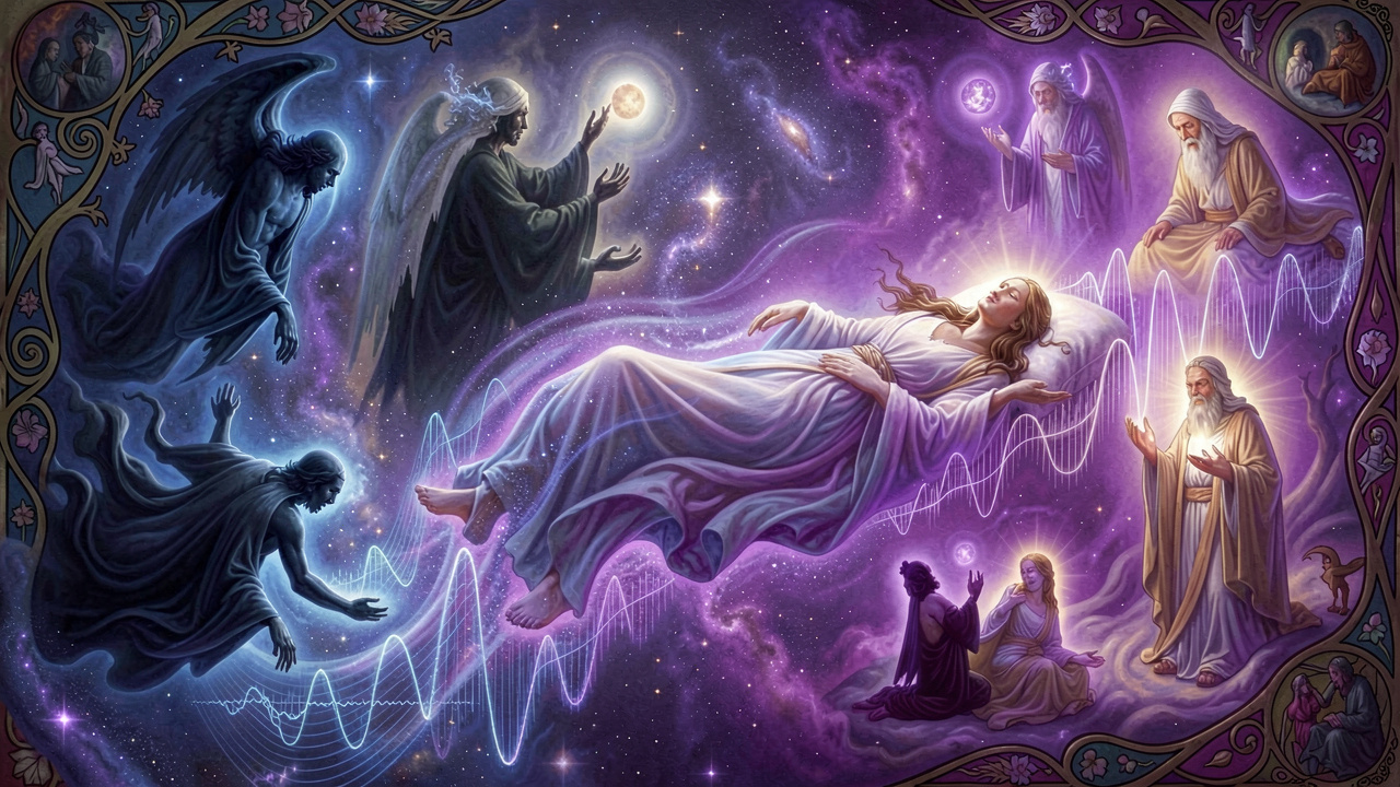 Ethereal art of sleep cycles transforming into vivid dream worlds with Jungian archetypes