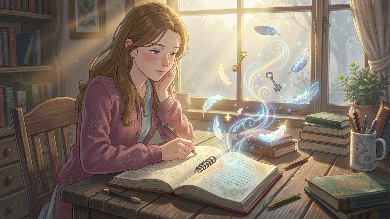 Ethereal scene of woman dream journaling at dawn for mental clarity