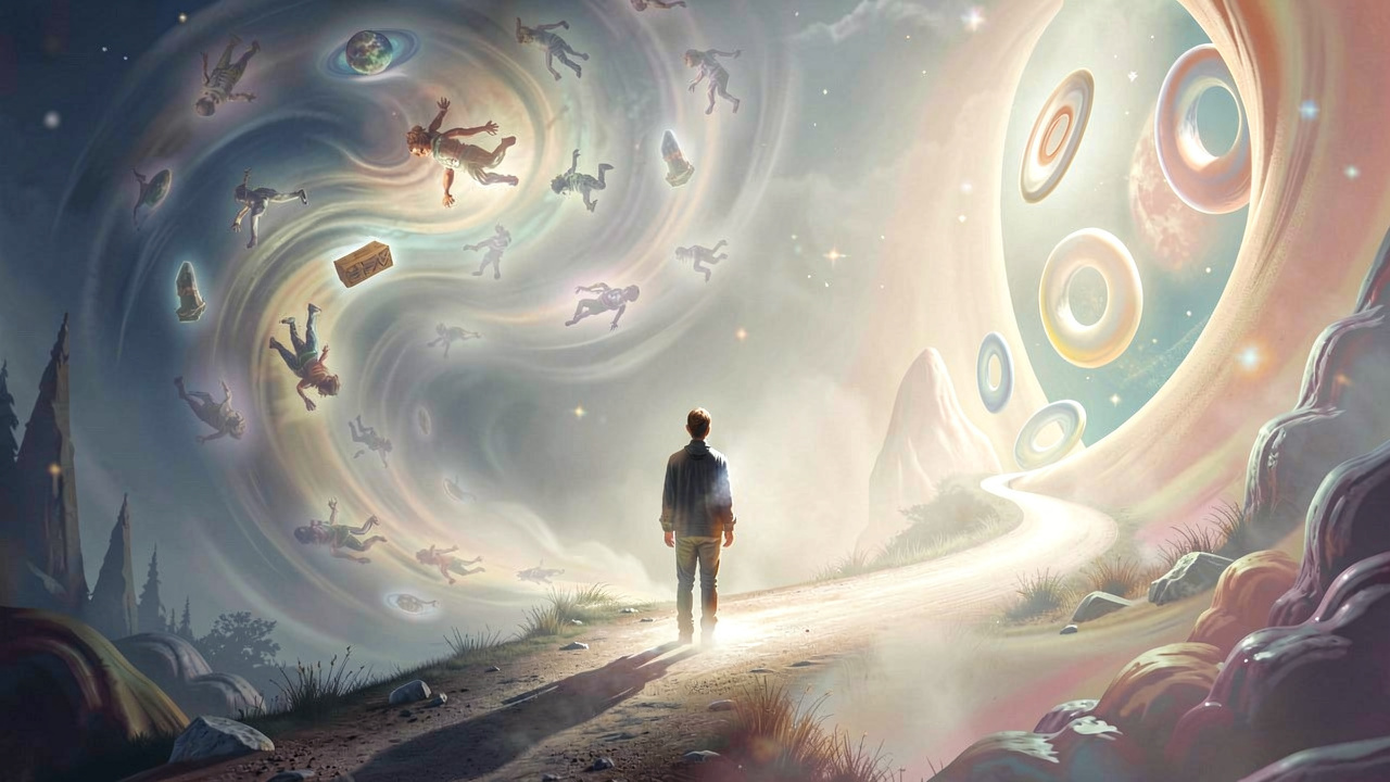 A person contemplating two paths in a dreamscape, one representing recurring dreams and the other representing clarity and understanding.
