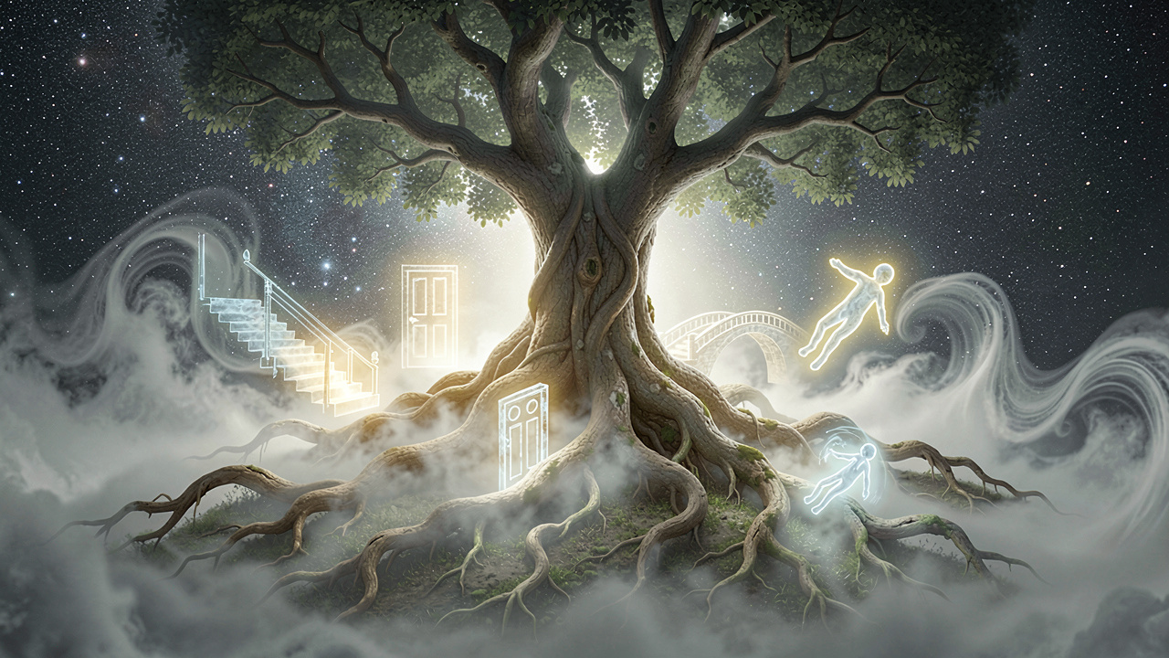 Ancient tree with glowing roots symbolizing recurring dream interpretations against a misty, starry sky.
