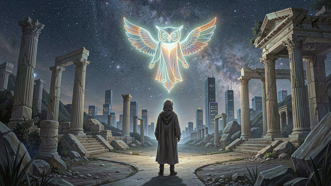A person at a crossroads under a starry sky, with subtle blends of ancient ruins and modern cityscapes, and a luminous archetype figure hovering above, symbolizing the connection between Jungian archetypes and modern dreams.