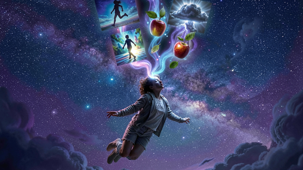 A person floating in a starry sky with dream imagery emerging from their head, symbolizing stress and vivid dreams.
