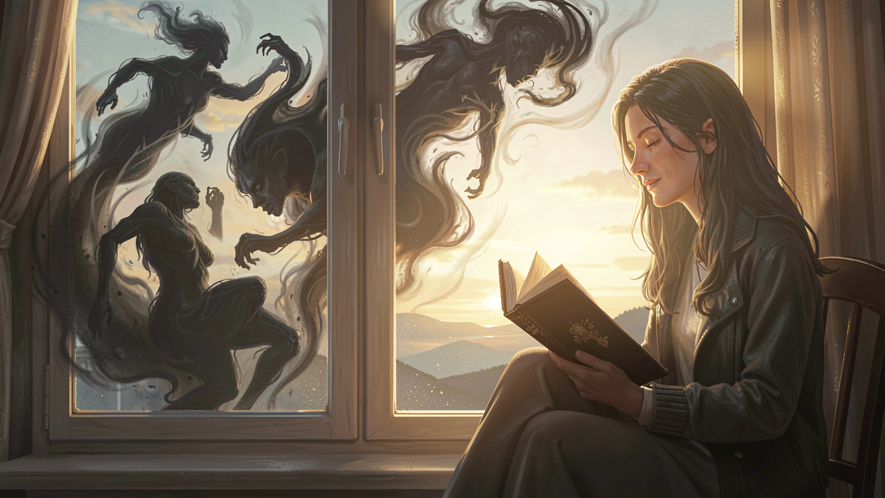 Person finding inner peace as dark dream imagery fades into dawn light, symbolizing transformation through self-reflection.