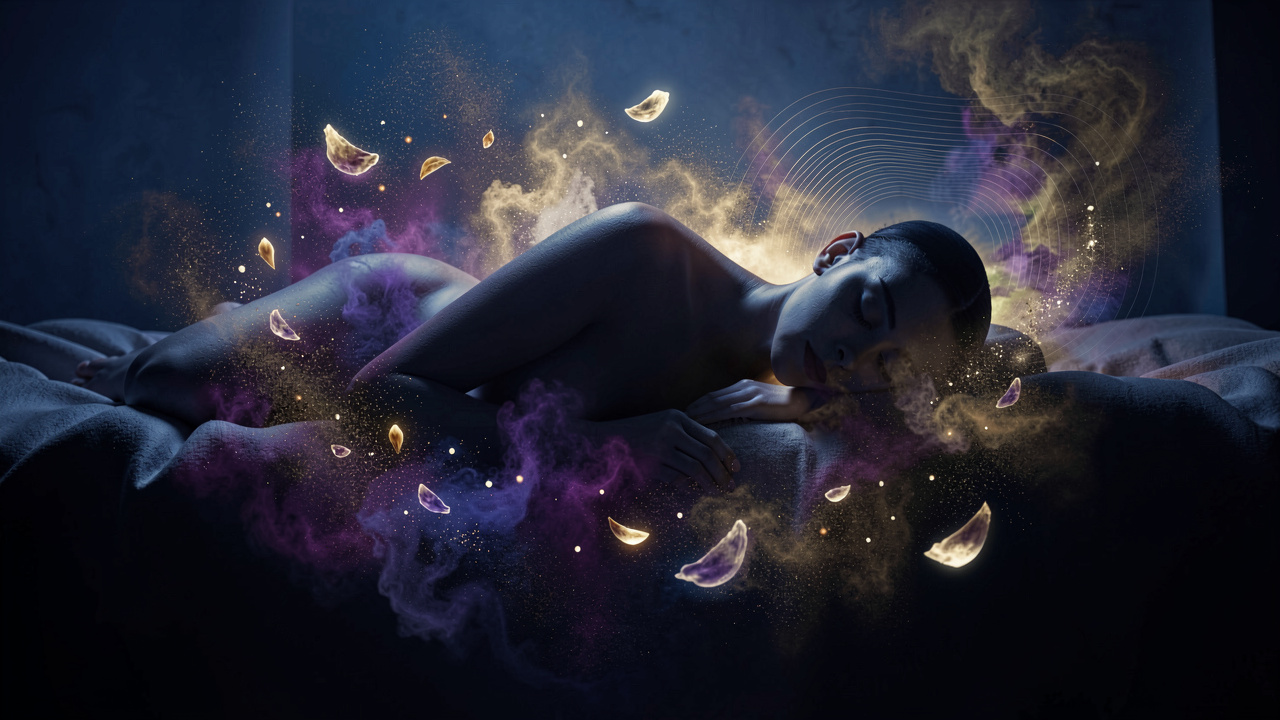 Silhouette of a person sleeping, surrounded by ethereal cosmic dream imagery and subtle brainwave patterns.