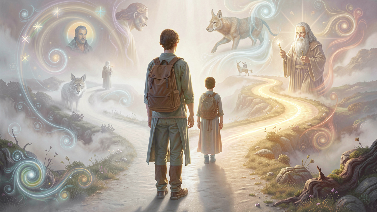 A person at a crossroads with one path in mist and the other illuminated, symbolizing navigating life transitions with dream guidance.