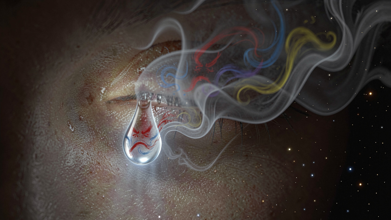 A luminous tear falling from an eye, surrounded by swirling mists containing abstract emotional colors, set against a cosmic background, representing the power of emotional tagging in dream journals.