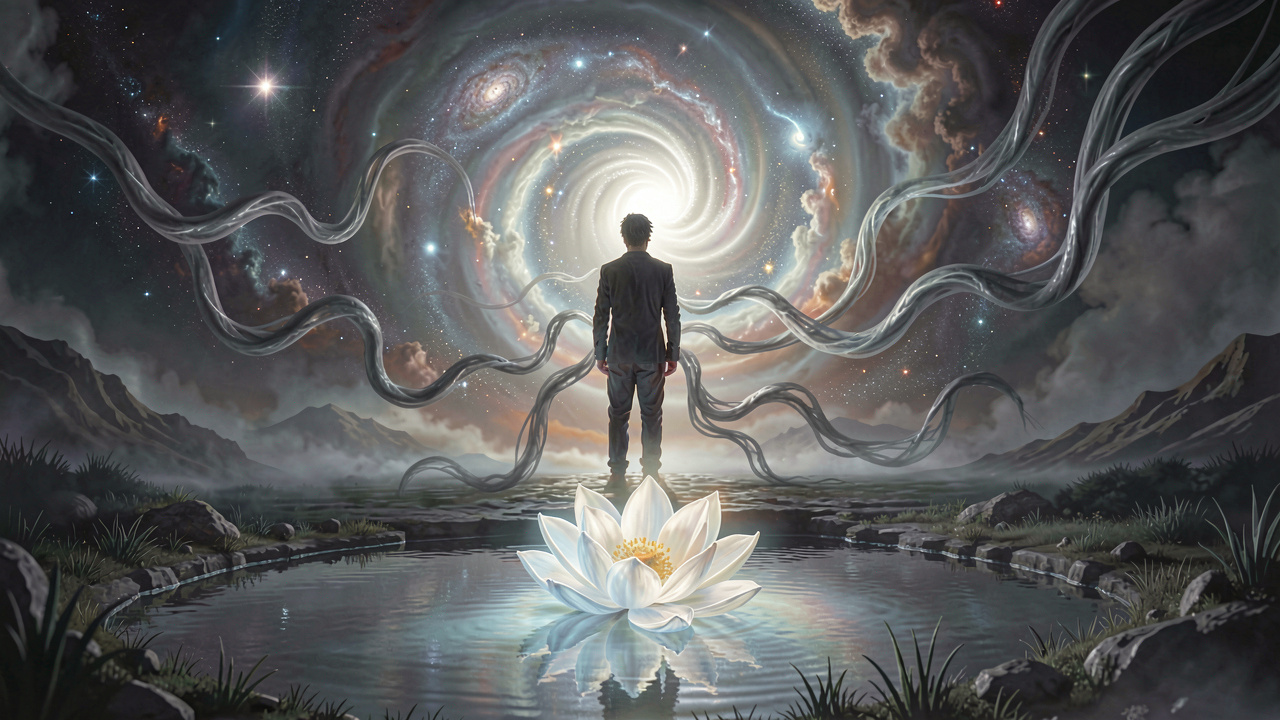 A person standing at the edge of a swirling, cosmic dreamscape, with shadowy tendrils of anxiety reaching out, contrasted by a single luminous element representing clarity.