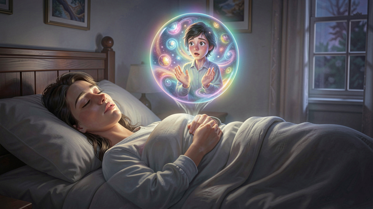 A person asleep in bed, with a glowing dream bubble where they are becoming aware they are dreaming.