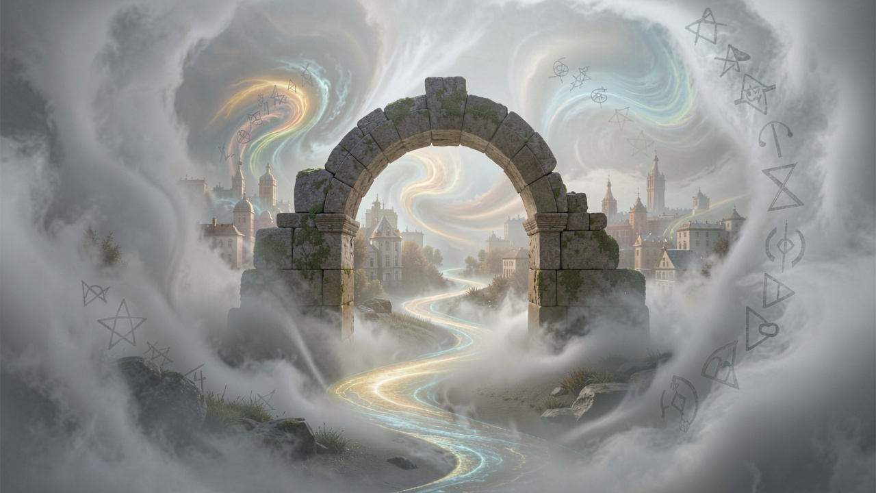 An ancient stone archway shrouded in mist, leading to a dreamlike path, symbolizing the interpretation of recurring dreams.