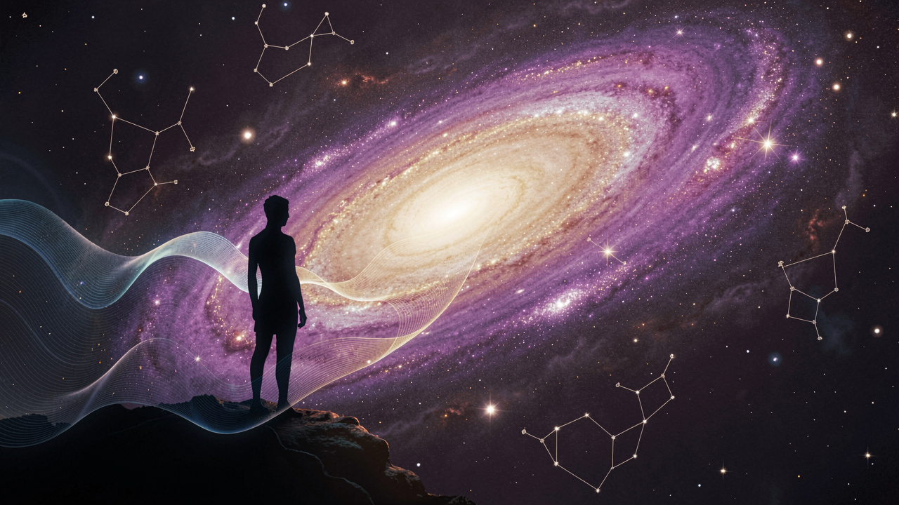 Silhouette of a person gazing into a cosmic nebula representing dream cycles and the subconscious.