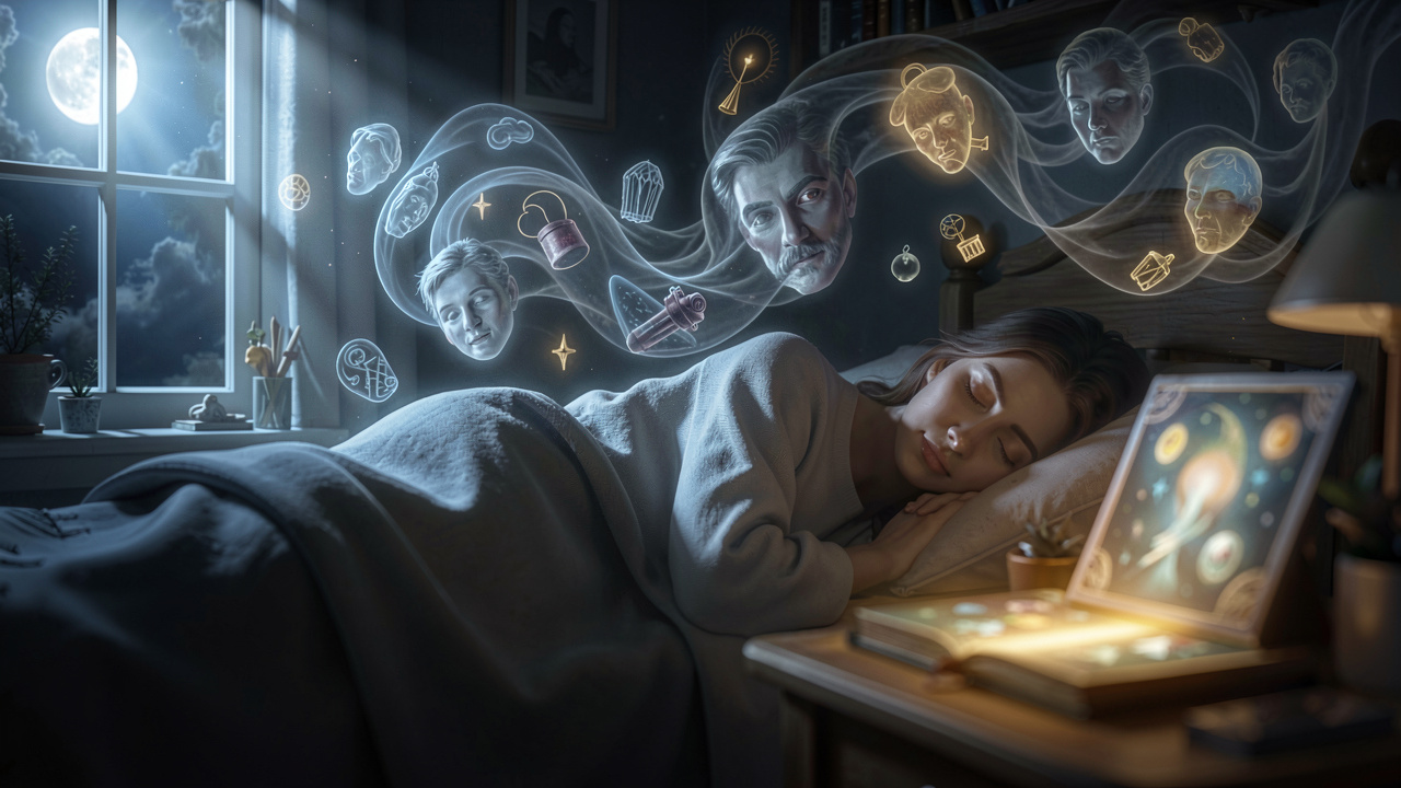 Moonlight illuminating fading dream wisps from a sleeping person, symbolizing the difficulty of dream recall.