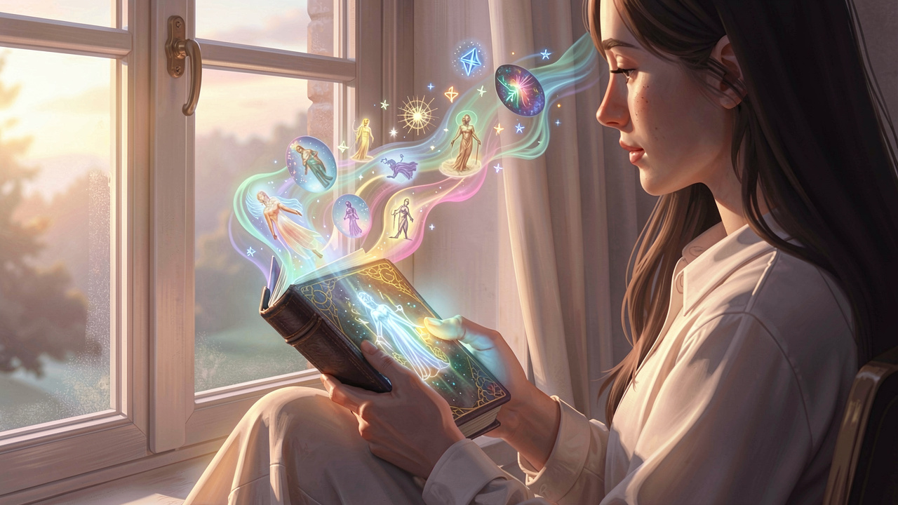 Person reflecting on dreams with a glowing journal at dawn, symbolizing mental clarity.
