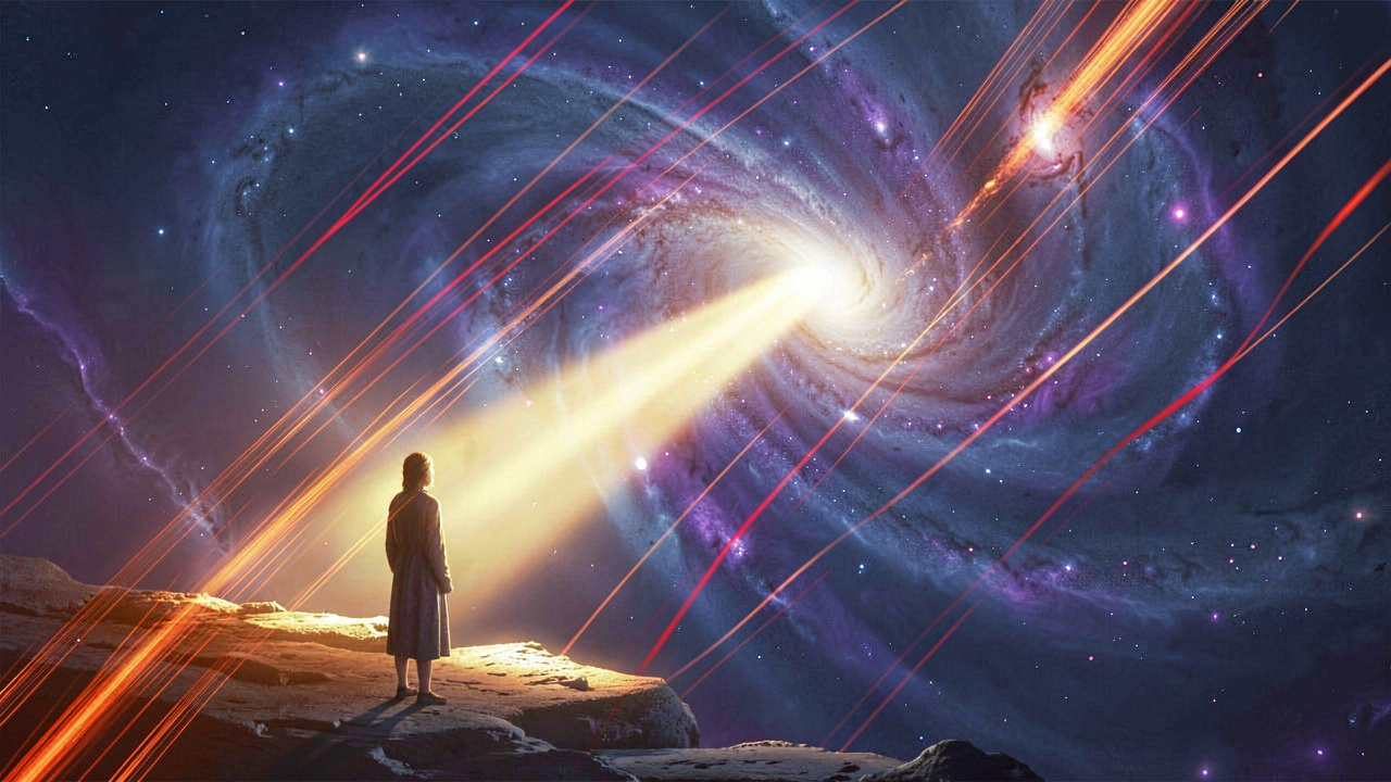 A person looking into a swirling, colorful nebula representing dreams, with streaks of light symbolizing stress integrated into the cosmic landscape.
