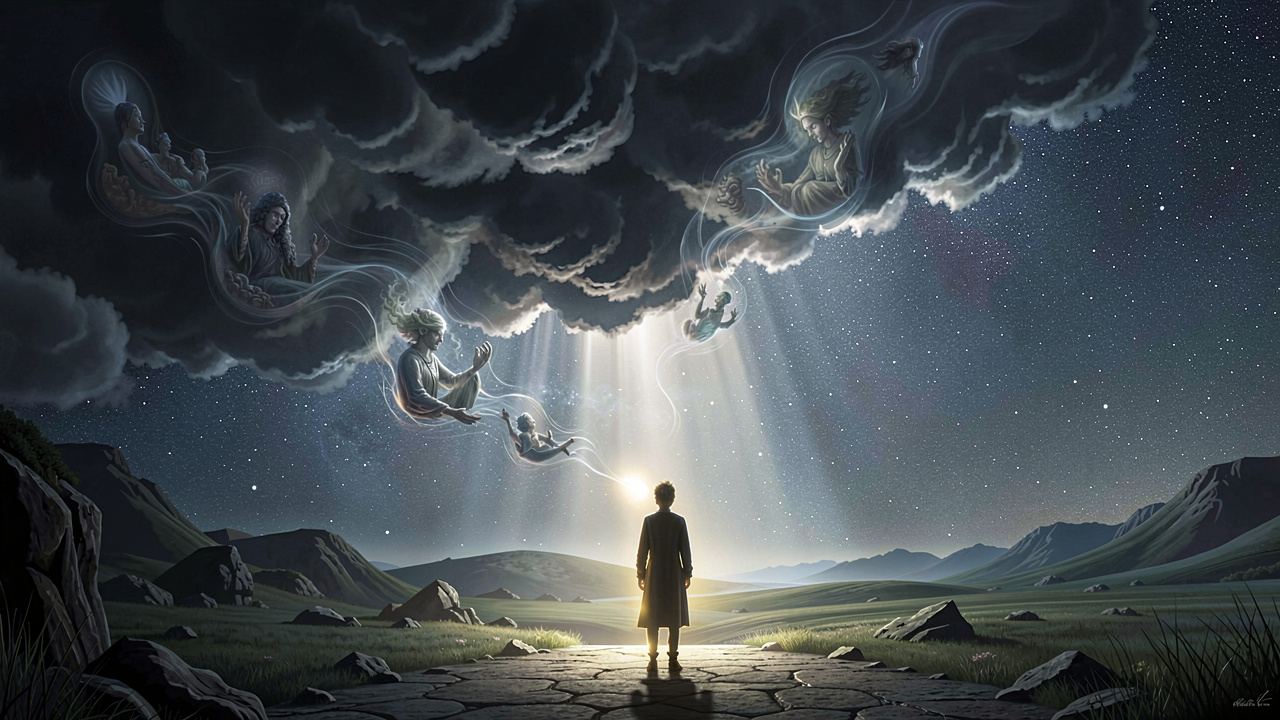 A figure standing between a stormy, stress-filled sky and a serene, starlit landscape, symbolizing the connection between stress and vivid dreams.