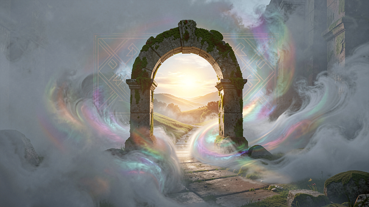 A mysterious stone archway shrouded in mist, with a pathway to a sunlit landscape visible beyond, symbolizing the interpretation of recurring dreams.