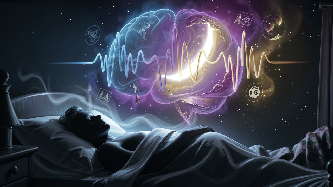 Abstract representation of sleep cycles and dreaming with swirling moonlight and pulsing brain waves.
