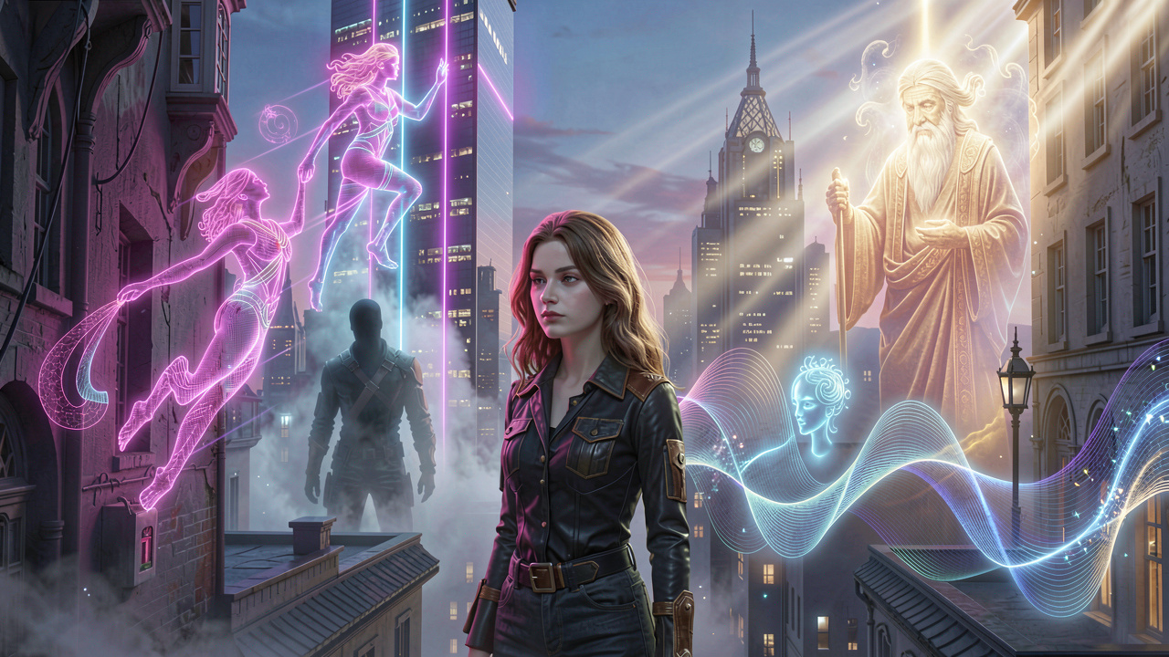 Ethereal cinematic art of Jungian archetypes manifesting in a modern dream cityscape