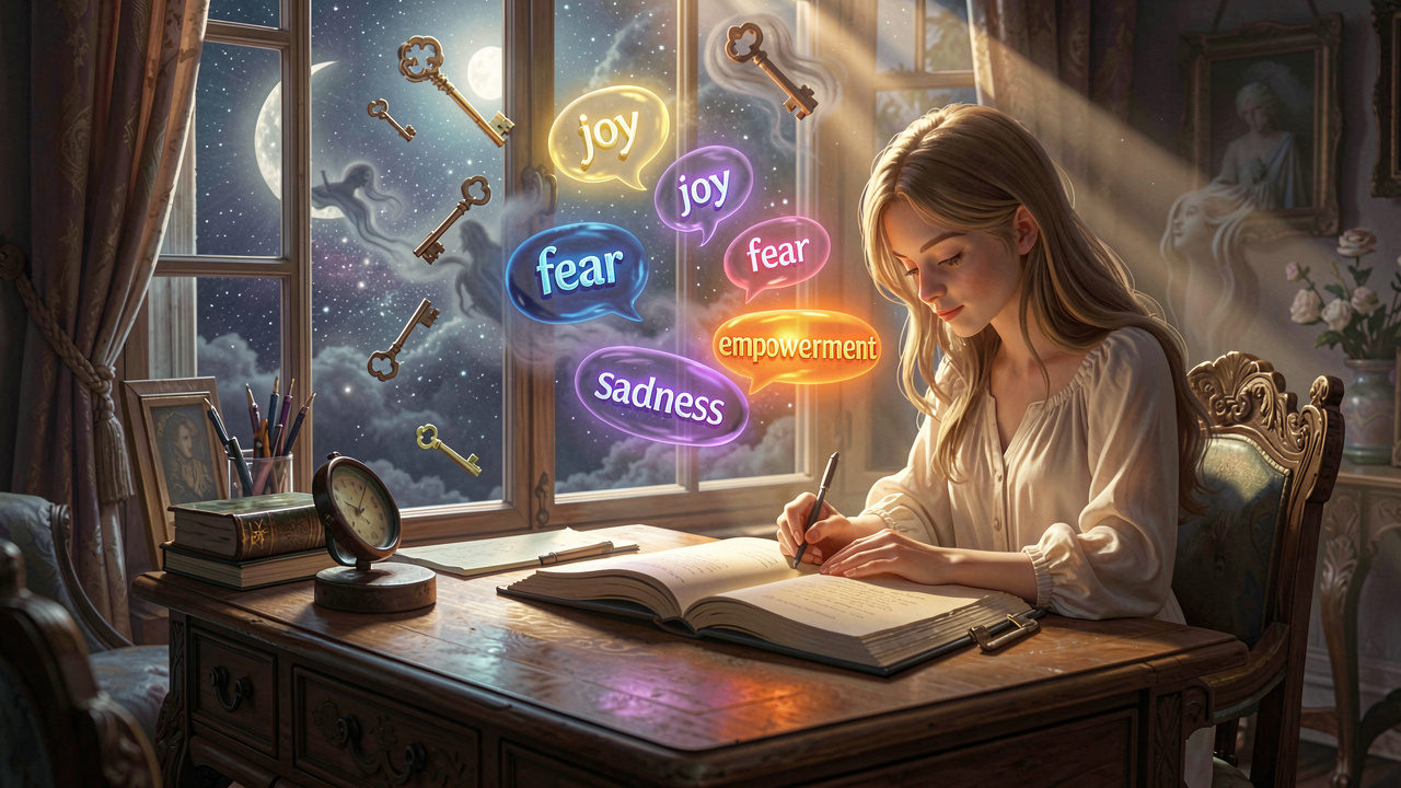 Ethereal cinematic art of emotional tagging in a dream journal under moonlight with glowing emotion labels