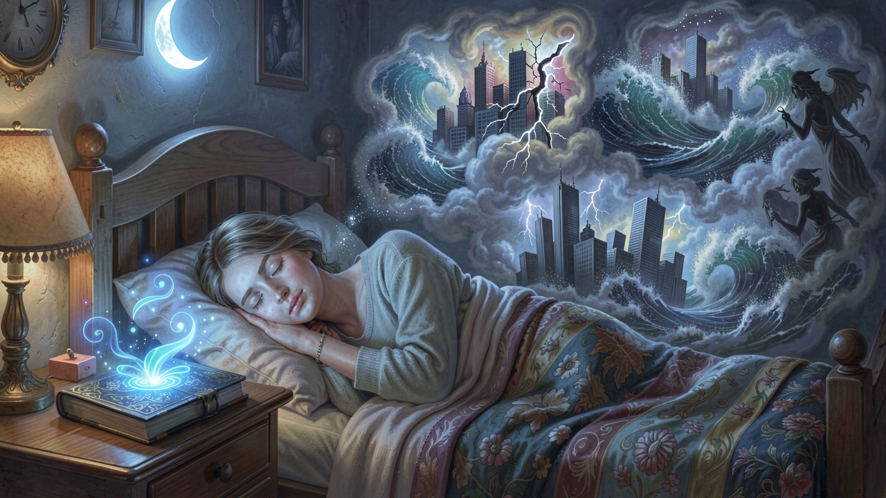 Ethereal illustration of stress manifesting as vivid dreams in a peaceful bedroom
