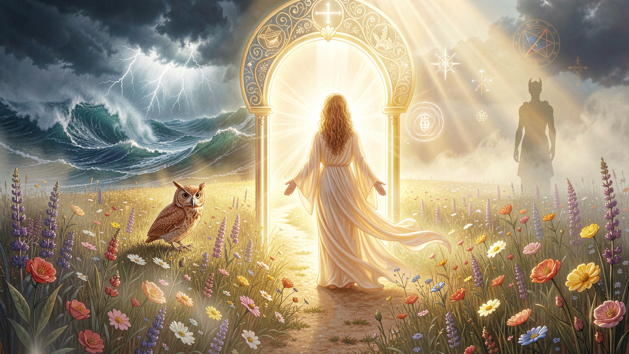 Ethereal cinematic art of a doorway symbolizing subconscious dream signals guiding through life transitions from chaos to serenity