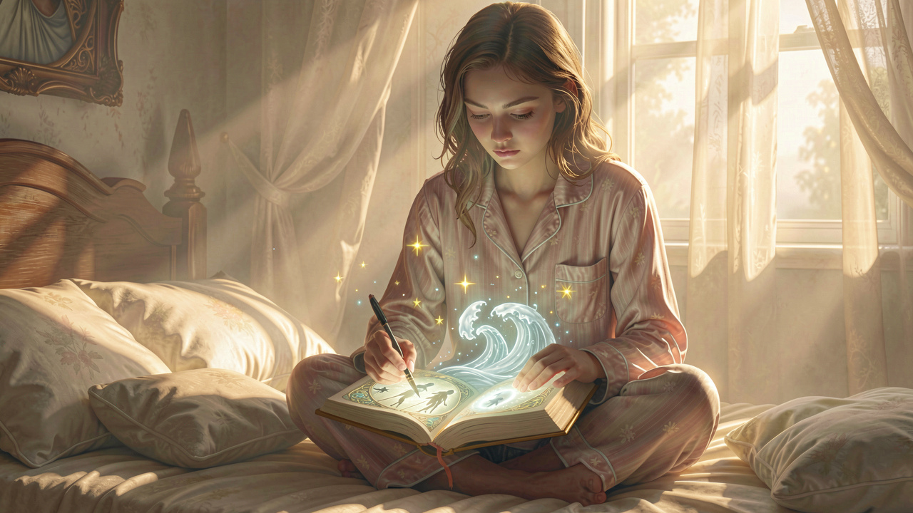 Serene person journaling dreams at dawn for mental clarity, ethereal light and symbols