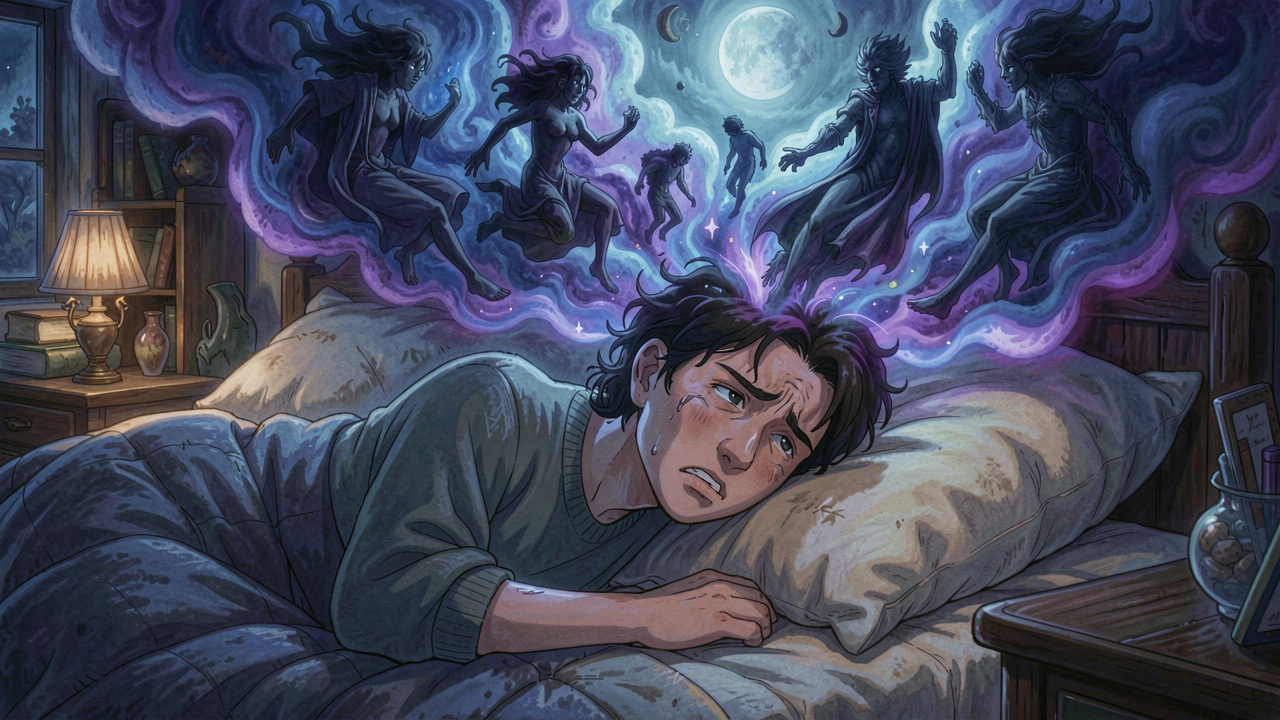 Ethereal cinematic art of stress manifesting as vivid swirling dreams above a sleeping figure