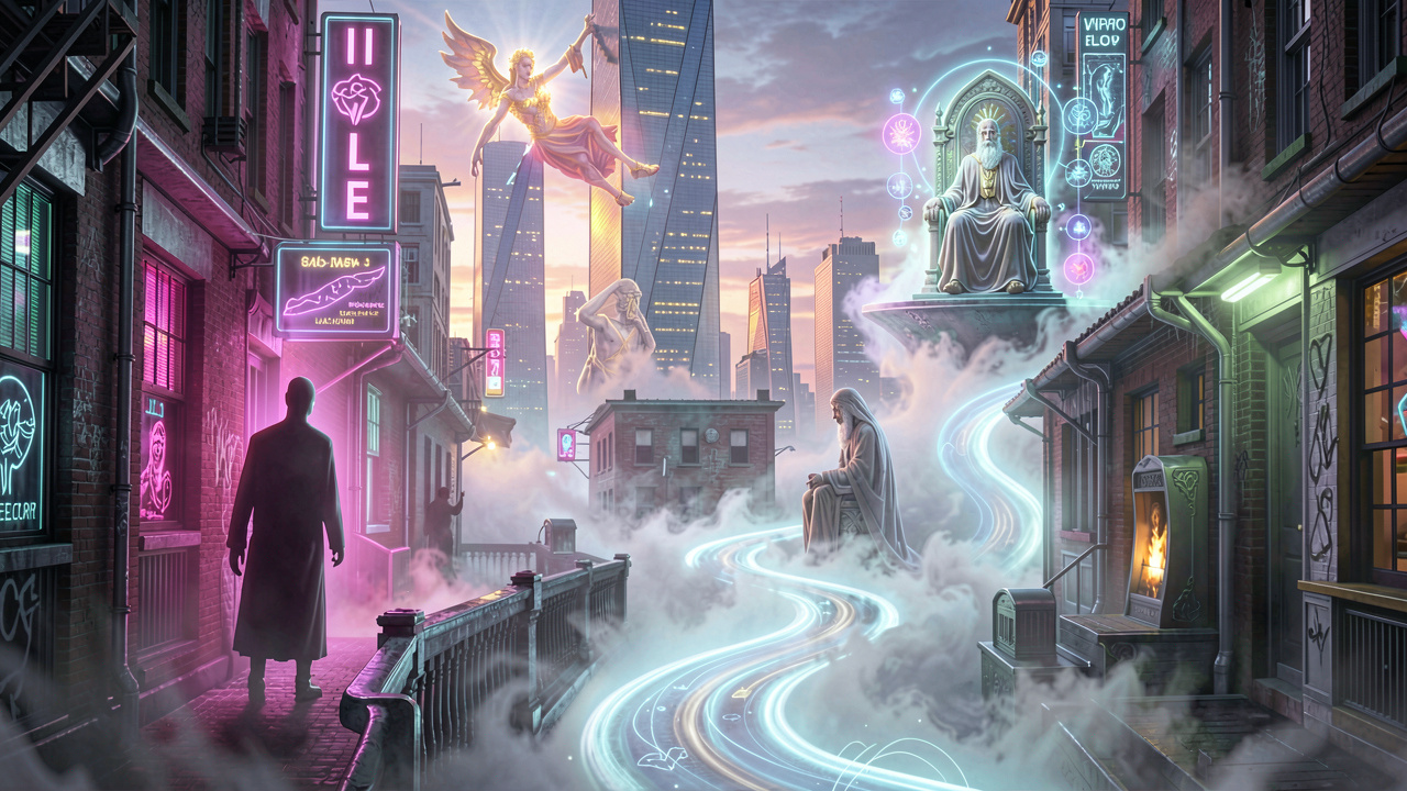 Ethereal concept art depicting Jungian archetypes emerging in a modern dream cityscape