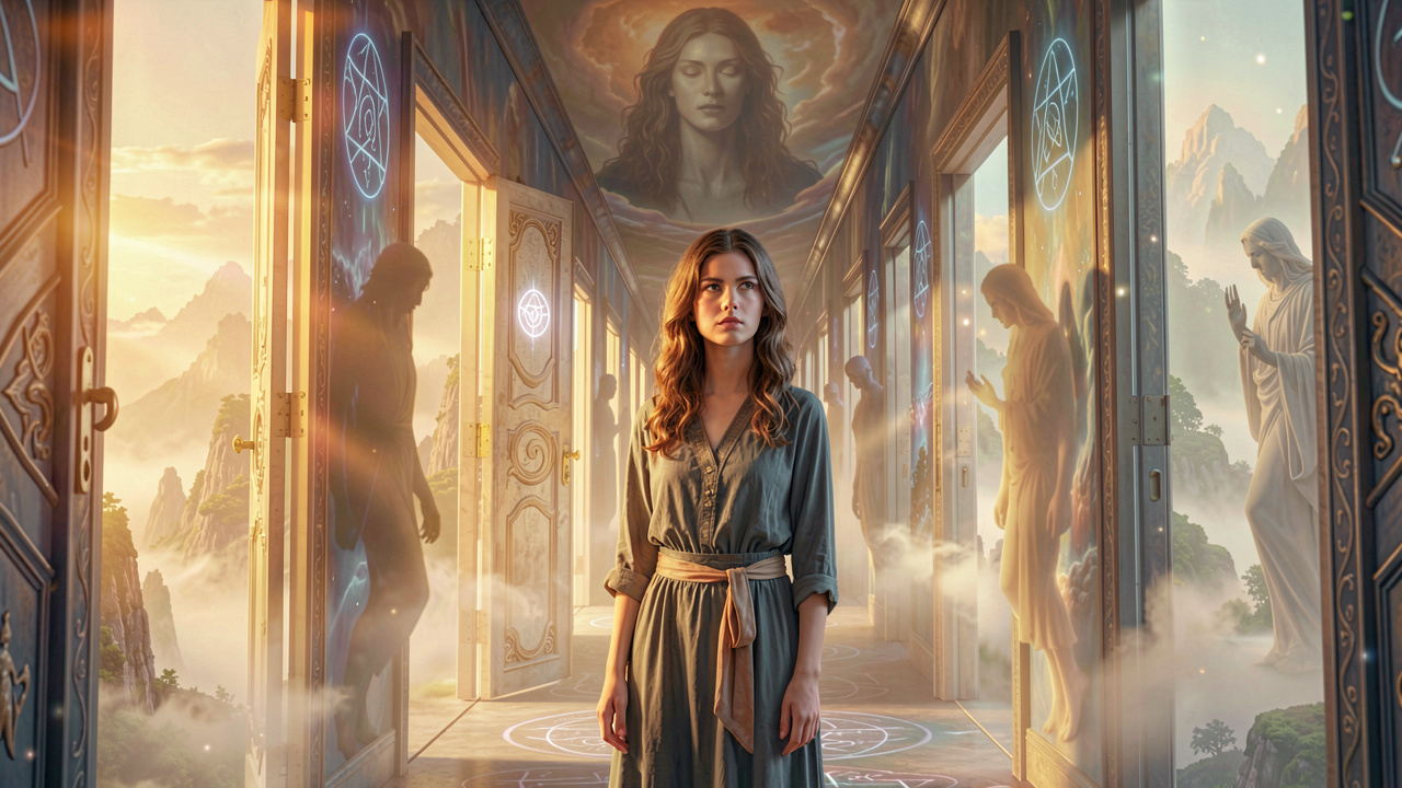 Ethereal artistic depiction of interpreting recurring dreams with looping surreal hallways and Jungian symbols