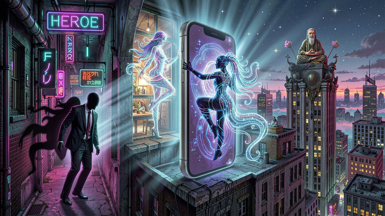 Ethereal dreamscape merging modern city with Jungian archetypes like Shadow, Hero, and Anima for psychological insights