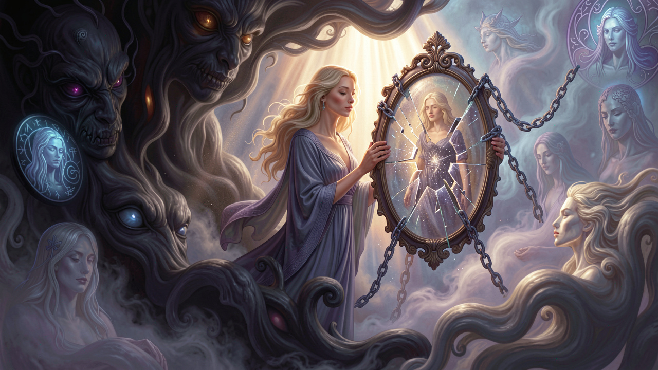 Ethereal cinematic art of a person overcoming nightmares through self-reflection in a glowing mirror