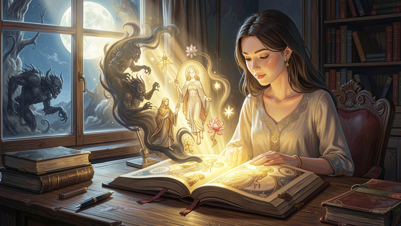 Ethereal concept art of self-reflection transforming nightmares into peaceful Jungian insights