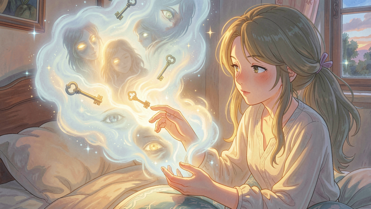 Ethereal woman reaching for fading dream clouds in a misty bedroom, symbolizing dream recall