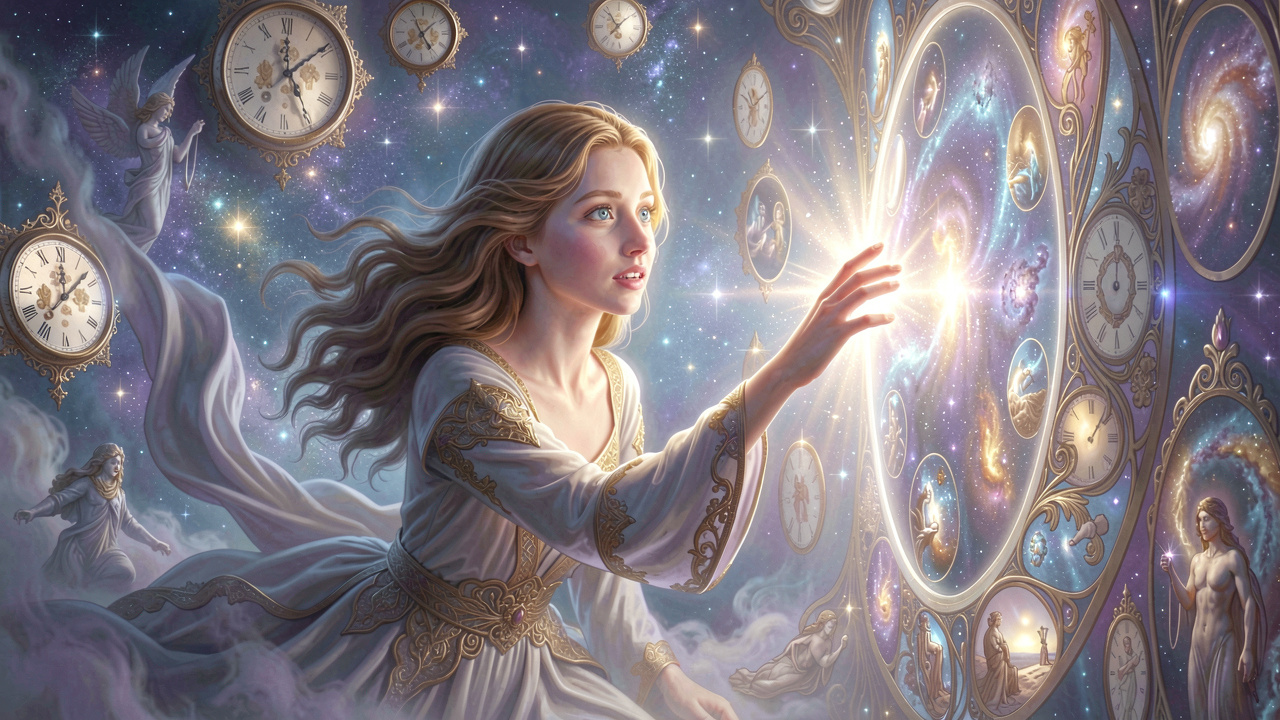 Ethereal cinematic art of a beginner awakening to lucid dreaming, floating in a starry dream world with glowing portal