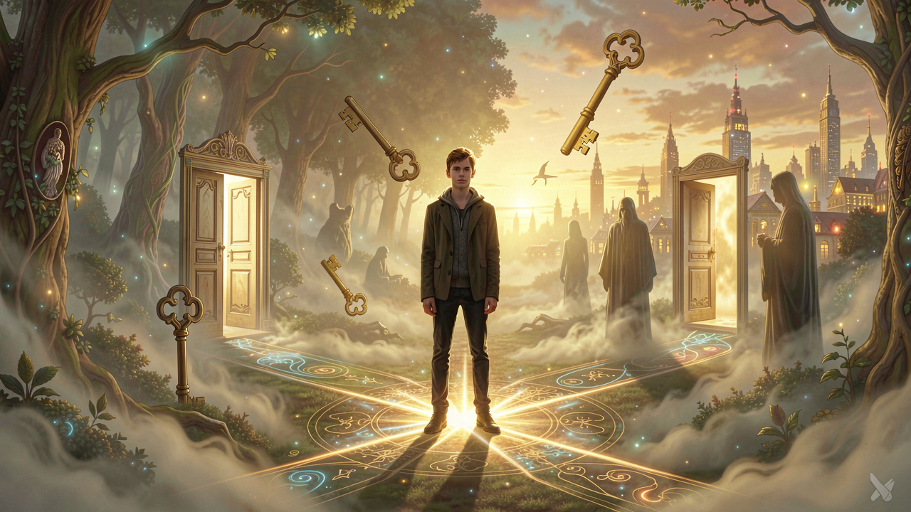 Ethereal dreamscape of crossroads symbolizing subconscious signals guiding life transitions