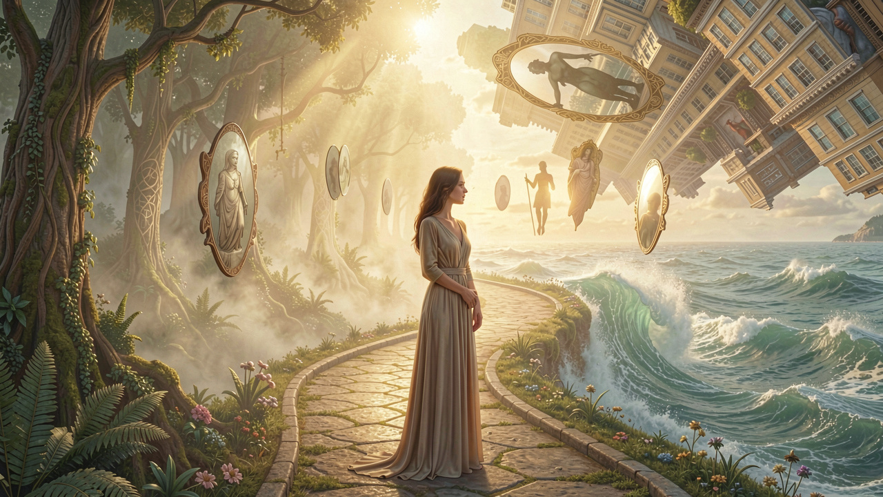 Ethereal cinematic art of infinite dream loops symbolizing recurring dreams and psychological interpretation