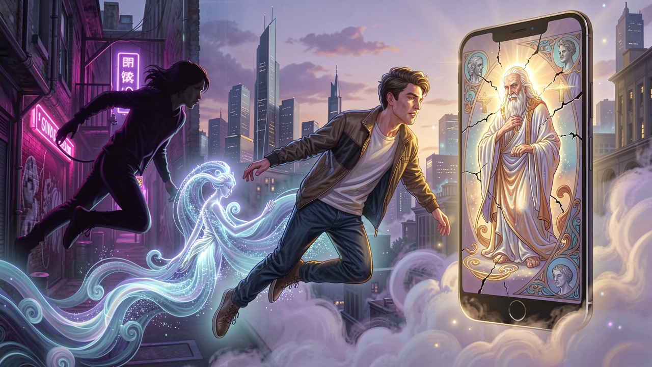 Ethereal dreamscape merging modern city life with glowing Jungian archetypes like shadow and wise elder.