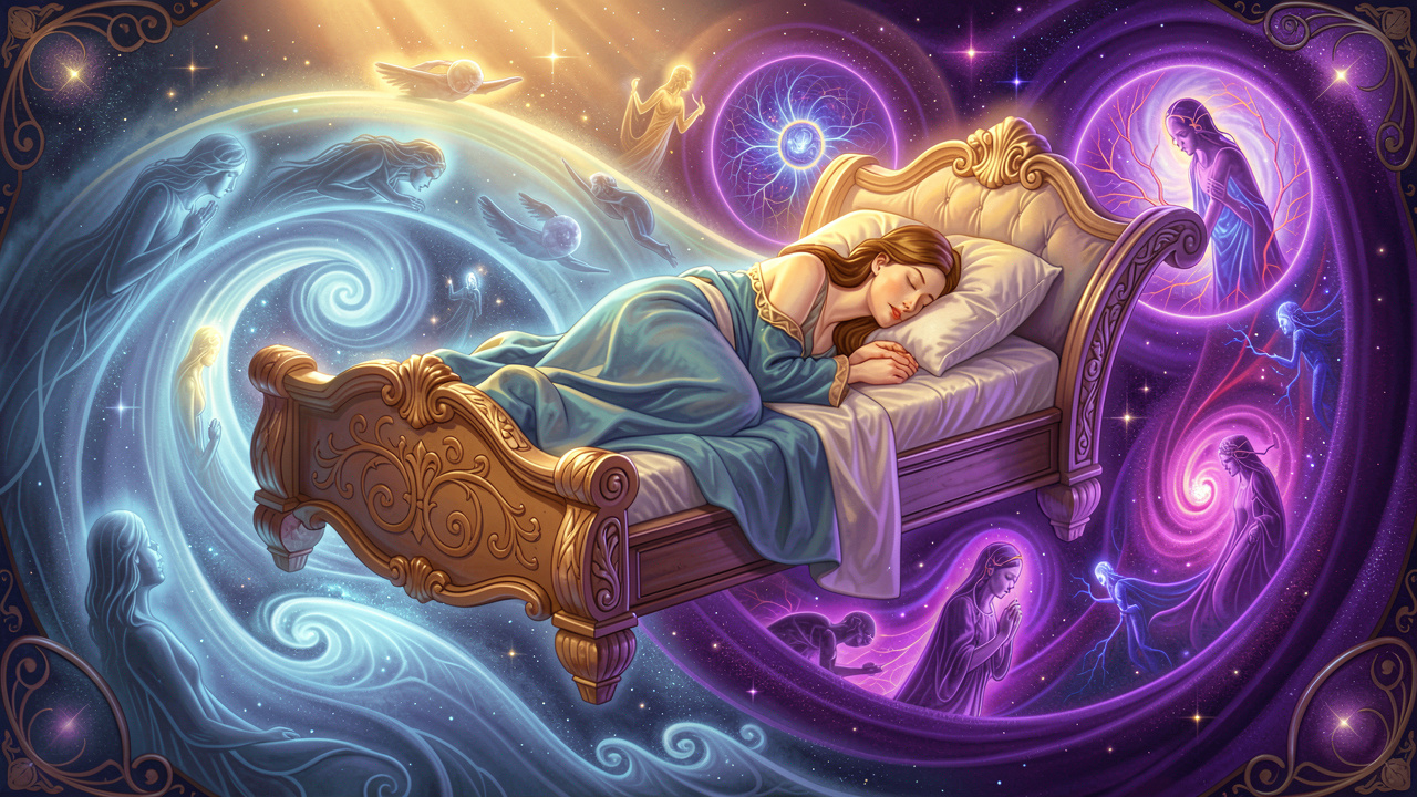 Ethereal illustration of sleep cycles and dreaming with cosmic waves and neural patterns