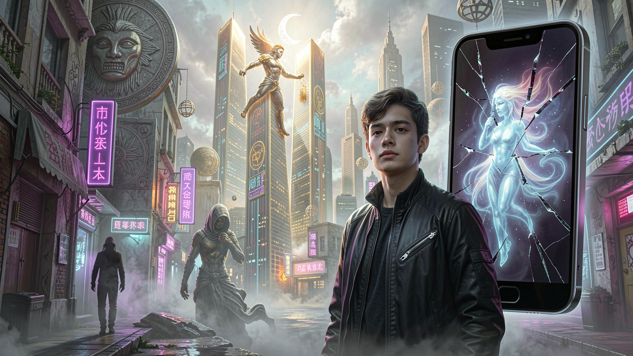 Ethereal dreamscape illustrating Jungian archetypes in a modern city, featuring hero, shadow, and anima symbols.