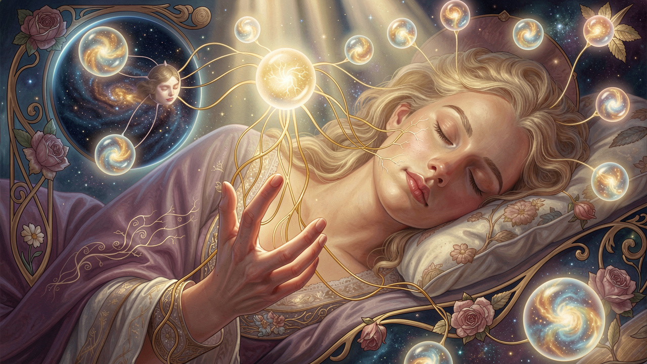 Ethereal artwork of a woman recapturing fading dream orbs from her subconscious in a cosmic landscape.