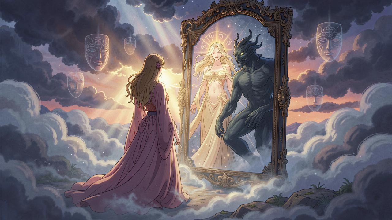 Ethereal woman overcoming nightmare shadow in mirror reflection, cinematic dream art