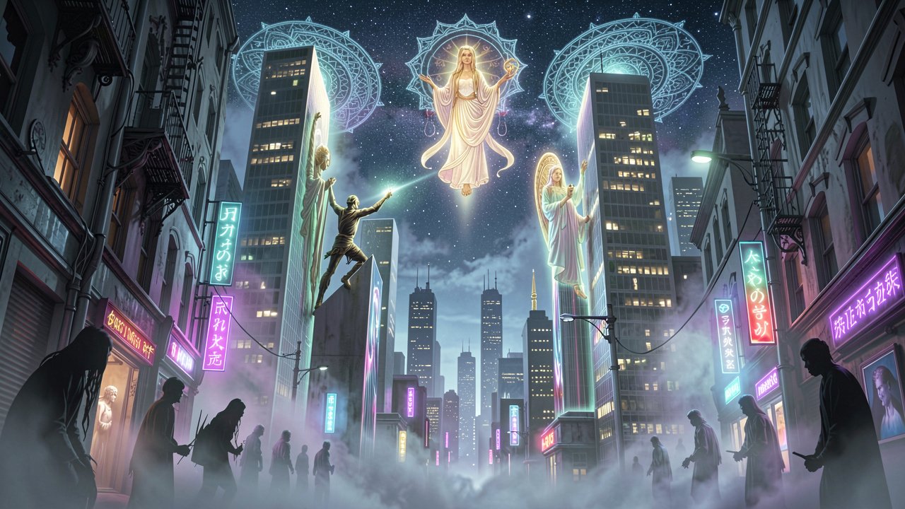 Ethereal dreamscape blending Jungian archetypes with modern cityscape for subconscious insights.