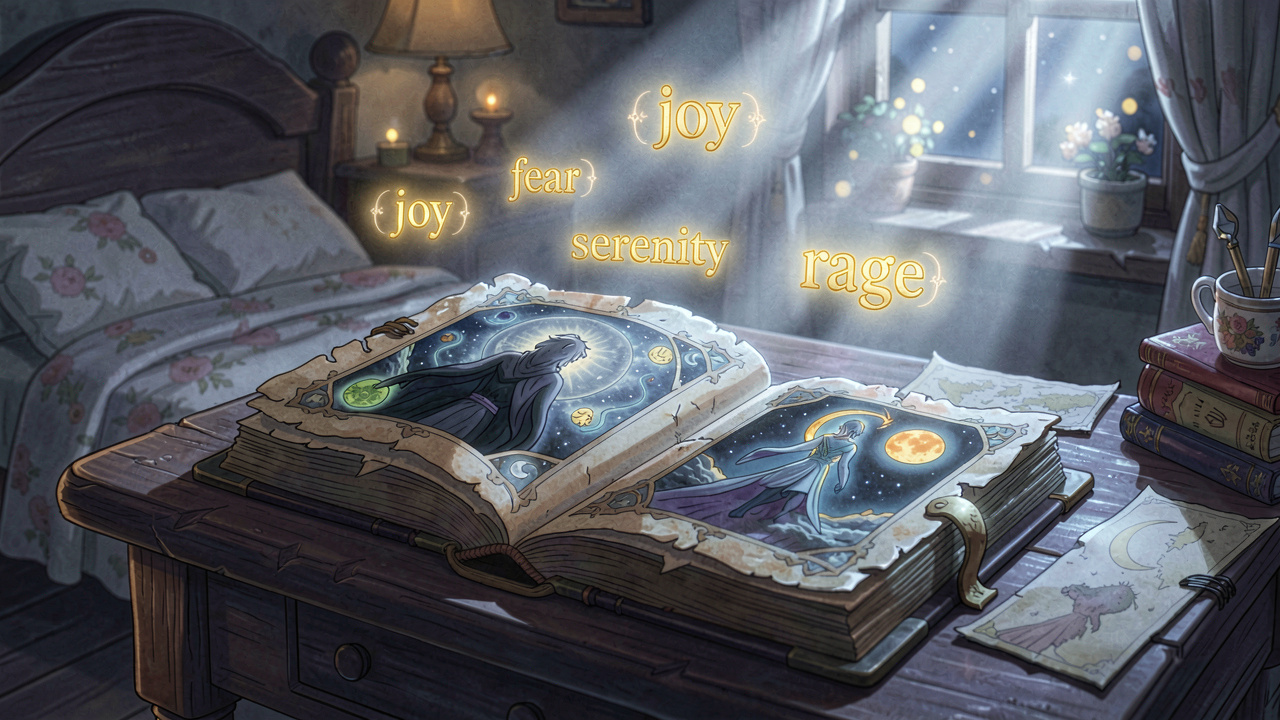 Ethereal dream journal with glowing emotional tags illuminating Jungian archetypes for deeper subconscious insights